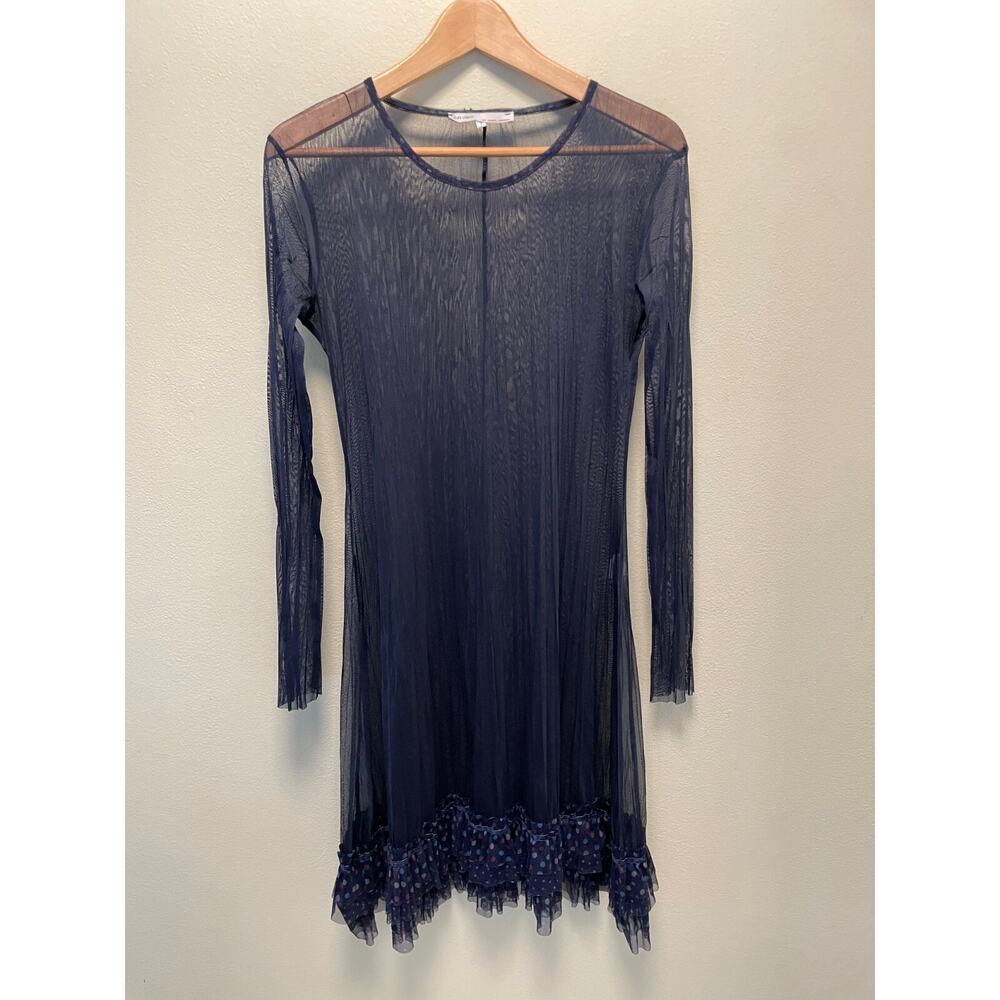 Sunlight Paris Womens Dress Small Navy Mesh Sheer Polka Dot Ruffle Avant Garde